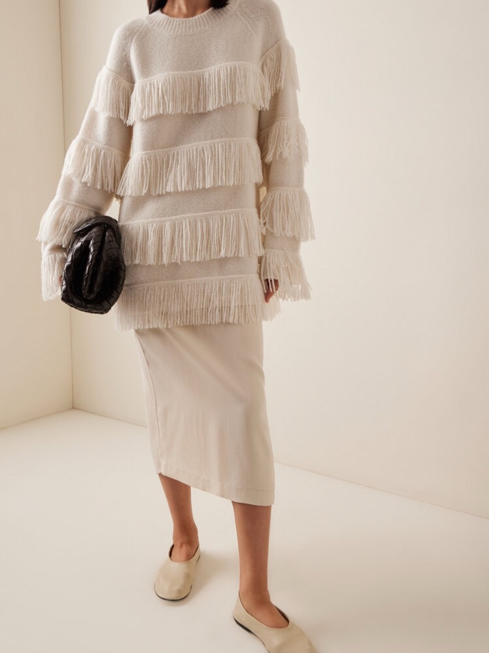 Fringe-Trim Crewneck Sweater in Cream